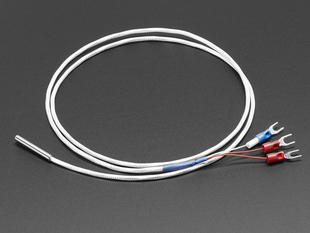Angled shot of a coiled Platinum RTD Sensor - PT100 - 3 Wire 1 meter long.
