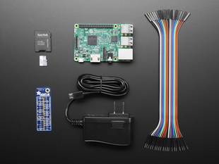 Top-down view of Raspberry Pi 3 Model B and some helpful Pi accessories to get going with Android Things.