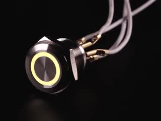Video of 16mm rugged metal pushbutton with an RGB LED ring glowing rainbow colors.