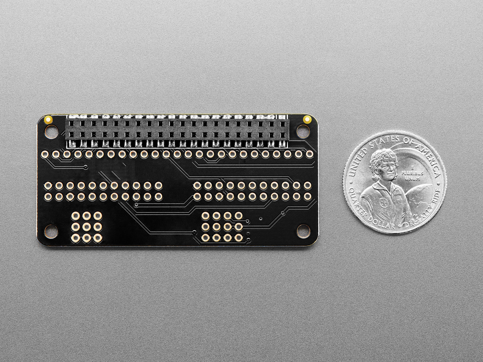 Back of black, rectangular TFT display breakout next to US quarter for scale.