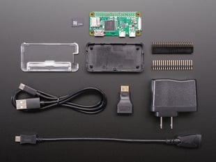Raspberry Pi Zero, SD card, cables, headers and case