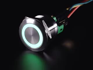 Video of 22mm rugged metal pushbutton with an RGB LED ring glowing rainbow colors.