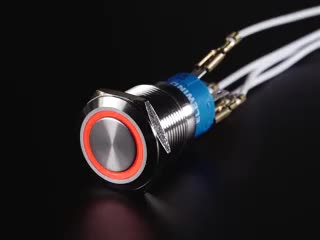 Video of 19mm rugged metal pushbutton with an RGB LED ring glowing rainbow colors.
