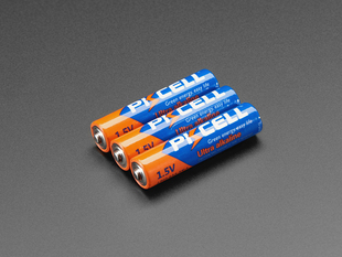 Angled shot of 3 PKcell AAA batteries. 
