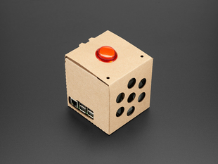 Angled shot of assembled cardboard cube with red button on top.