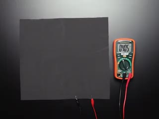 Video of white hands stretching a Eeonyx Stretchy Variable Resistance Sensor Fabric connected to a meter.