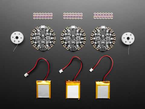 E-Textiles Student Kit contents include 3x Circuit Playground Classic
2x Stainless Thin Conductive Thread - 2 ply - 23 meter/76 ft
3x Lithium Ion Polymer Battery - 3.7v 500mAh
3x LilyPad Rainbow LED (6 Colors)