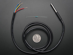 Waterproof 1-Wire DS18B20 Compatible Digital temperature sensor coiled around a US quarter and a resister above it. 