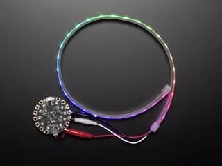 Adafruit NeoPixel LED 0.5 meter Strip with Alligator Clips wired to Circuit Playground, lighting up rainbow