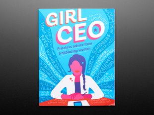 Front cover of "Girl CEO" by Ronnie Cohen & Katherine Ellison. A feature-less cartoon professional woman with a side-braid seated at a desk with hands folded amidst a background of powerful blue waves.
