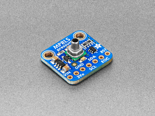 Angled shot of small, blue square-shaped pressure sensor breakout board.