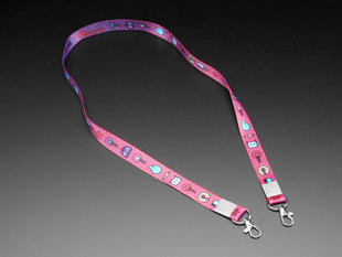 Pink lanyard with Adafruit characters and metal hooks at ends