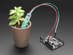 Soil sensor in small potted plant, with wires connected to Adafruit Metro