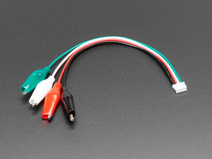 Angled shot of JST PH 4-pin Plug to Color Coded Alligator Clips Cable.
