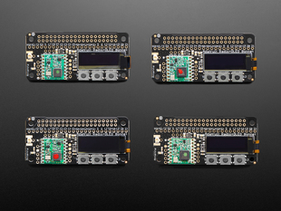 Top down view of 4 Adafruit Radio Bonnets with OLED.
