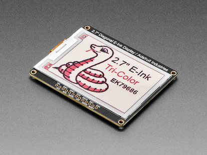 Angled shot of a Adafruit 2.7" Tri-Color eInk / ePaper Display with SRAM - Red Black White.