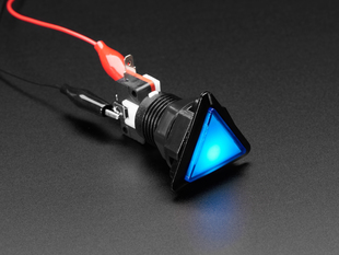 Angled shot of a blue triangle illuminated LED pushbutton. 
