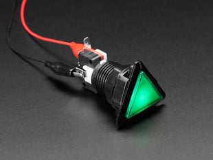 Angled shot of a green triangle illuminated LED pushbutton. 