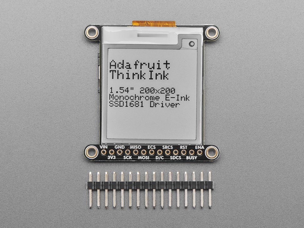 Overhead shot of square-shaped 1.54" electronic ink display breakout board above a 16-pin header.