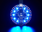 Top view of Circuit Playground Bluefruit glowing blue LEDs.
