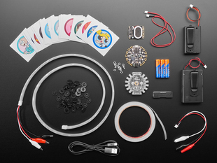 Top view shot of a Adafruit + Cartoon Network Cosplay "The Works" Kit contents