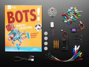 Bots! by Kathy Ceceri - Book and Parts Bundle showing many components, motors, LEDs, and more