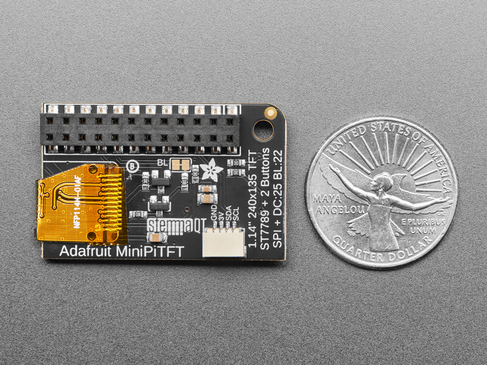 Back of Adafruit Mini PiTFT - 135x240 Color TFT Add-on next to US quarter for scale.