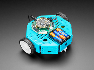 Assembled blue octagon rover robot with wheels, Adafruit Crikit and battery pack.