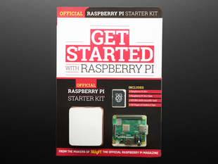Front cover of get started with raspberry pi official raspberry pi starter kit. Book bundle includes a Raspberry Pi 3 A+ computer, white enclosure, and SD card.