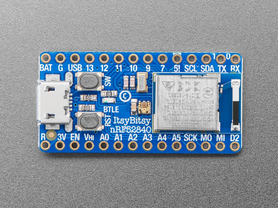 Top view of Adafruit ItsyBitsy nRF52840 Express - Bluetooth LE.