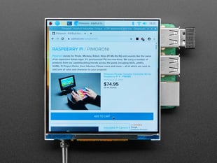 Pimoroni HyperPixel 4.0 Square - Hi-Res Display for Raspberry Pi - Non-Touch - PIM475. Display showing a desktop like image of the  Pimoroni product on the adafruit website. 