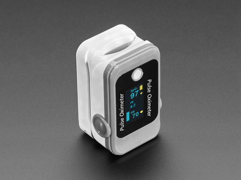 Grey and white finger clip pulse oximeter displaying pulse and blood oxygen information