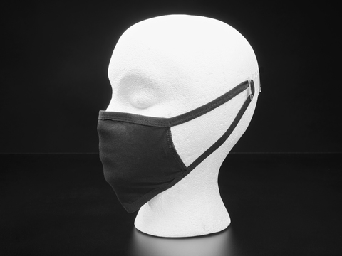 Black cloth face mask shown on a mannequin