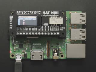 Video of an assembled and powered on Pimoroni Automation HAT on a Raspberry Pi 3. The Automation HAT displays a relay readout.