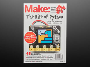 Front cover of Make: Magazine - The Rise of Python - Vol 74. The Rise of Python. Image of Adafruit CLUE board with cartoon blue snake on TFT display.