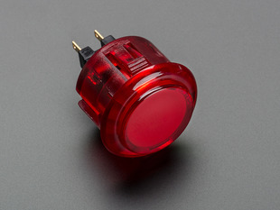 Angled shot of a translucent red round 30mm arcade button. 