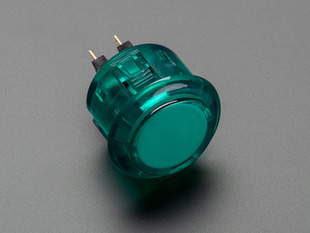 Angled shot of a translucent green round 30mm arcade button. 