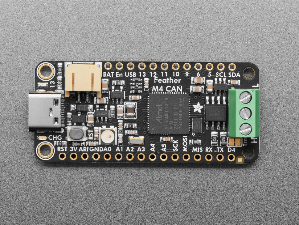 Top down view of a Adafruit Feather M4 CAN Express with ATSAME51. 