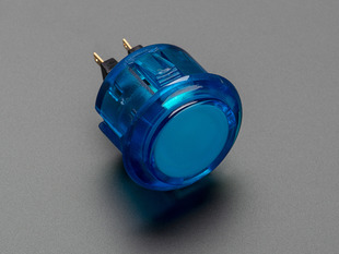 Angled shot of a translucent blue round 30mm arcade button. 