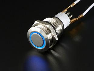 Angled shot of rugged metal pushbutton with blue led ring.