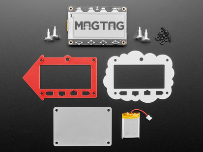 MagTag dev board with enclosure pieces, four magnet feet, and lipoly battery