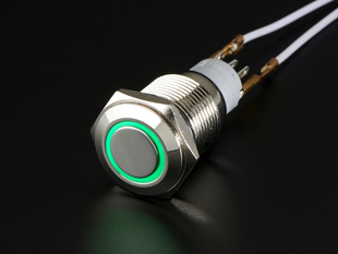 Angled shot of a Rugged Metal On/Off Switch with Green LED Ring.
