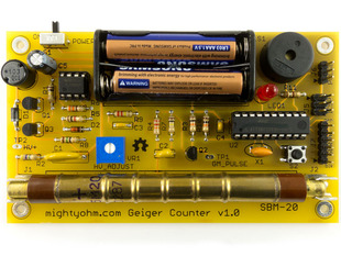Assembled Geiger Counter Kit. Radiation Sensor with batteries and yellow PCB