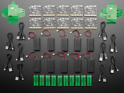Top down view of 10 micro:bit v2 Go Club, Batteries and USB Cables Included.