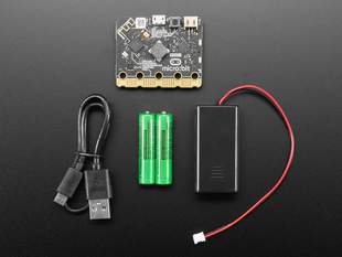 Top down view of micro:bit v2 Go Bundle, Batteries and USB Cable.