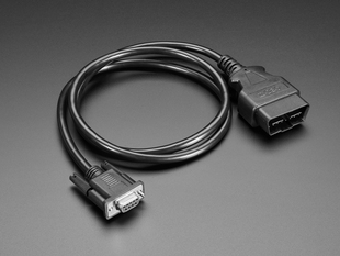 Angled shot of a 1 meter long OBD Plug (16-pin) to DE-9 (DB-9) Socket Adapter Cable.