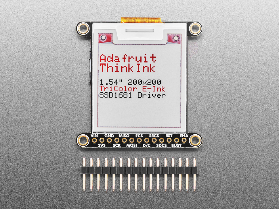 Overhead shot of 1.54" electronic ink display breakout above a piece of 16-pin header.