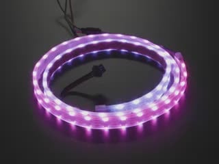 Angled shot of a Dual Edge Side-Light NeoPixel LED Strip with 120 LEDs per meter eliminating blue to purple.  