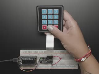 Video of an iridescent manicured hand tapping numbers on a flexible keypad matrix connected to a microcontroller on a full-size breadboard. The key inputs display on an OLED breakout.