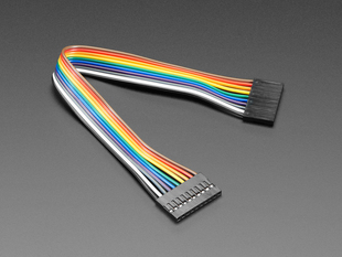 Angled shot of 20cm long 10-pin 2.54mm pitch jumper cable.